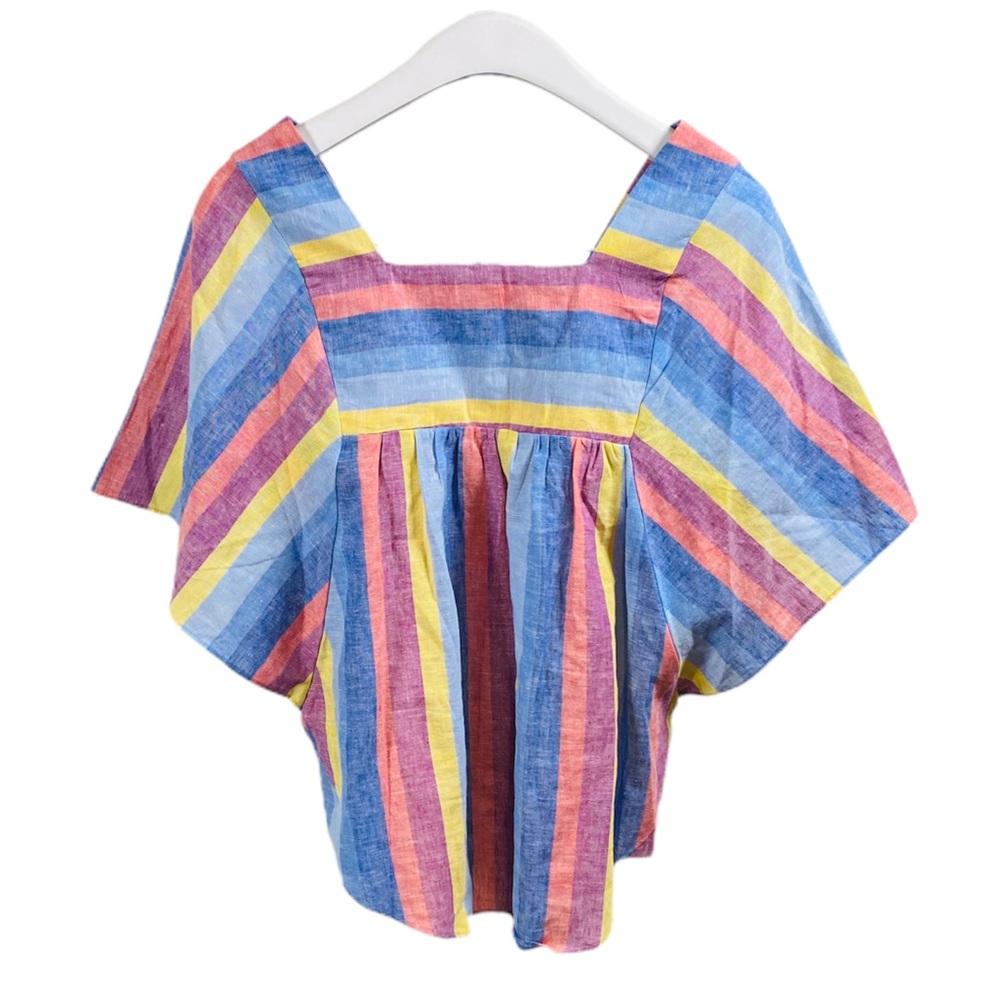 Colorful Linen Como Vintage Butterfly Sleeve Square Neck Smock Top Size L